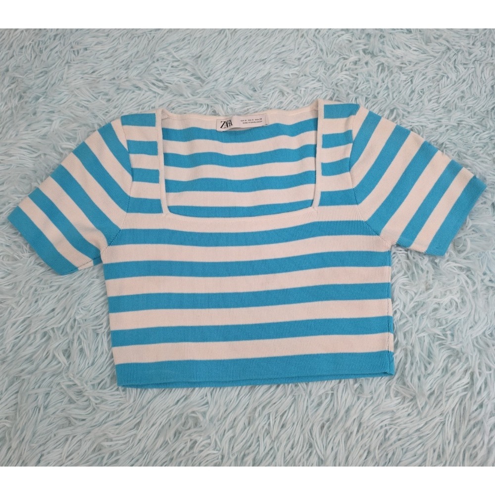 Zara Striped Cropped Knit Top M Light Blue White Square Neck Short Sleeve Ribbed